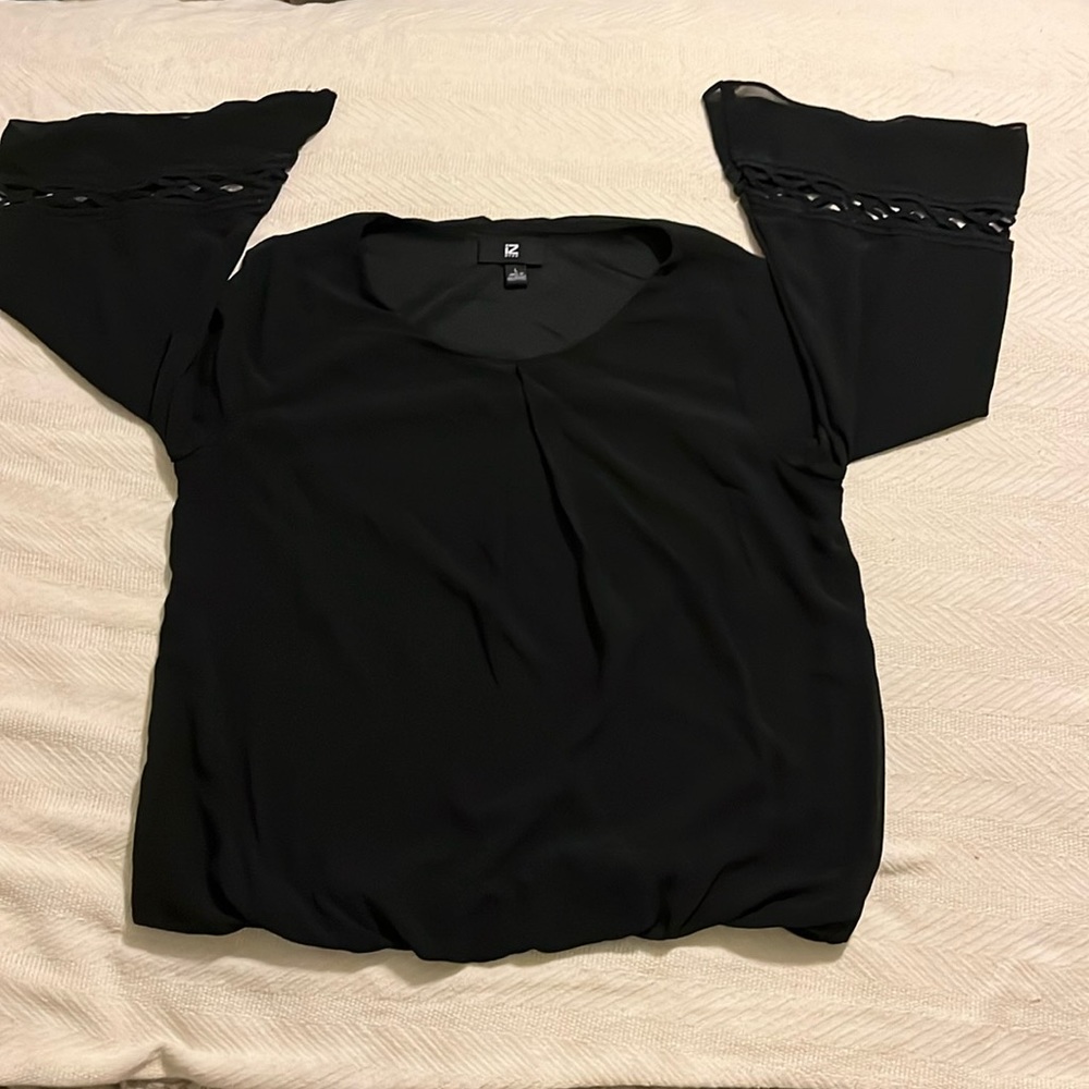 IZ Byer polyester black blouse with flare arms and elastic waist, size L